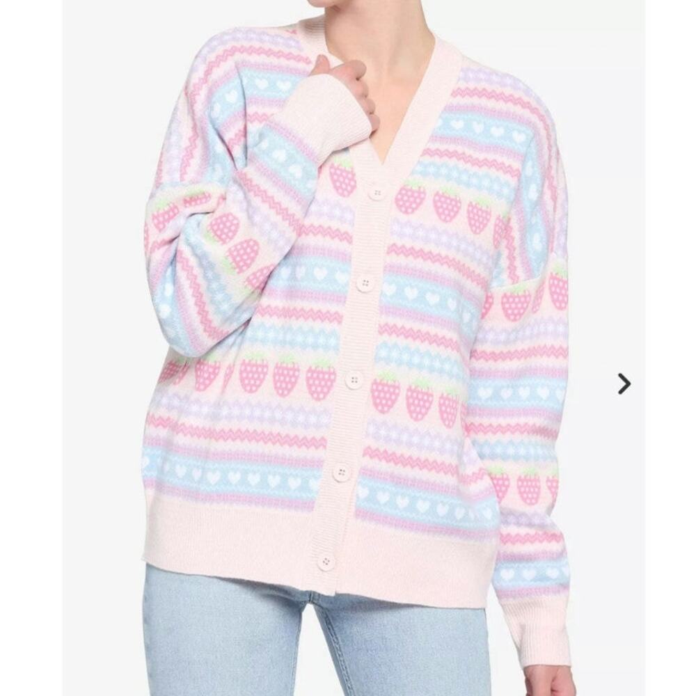 Hot Topic Pastel Strawberry Fair Isle Oversized Cardigan Pastel Goth Kawaii